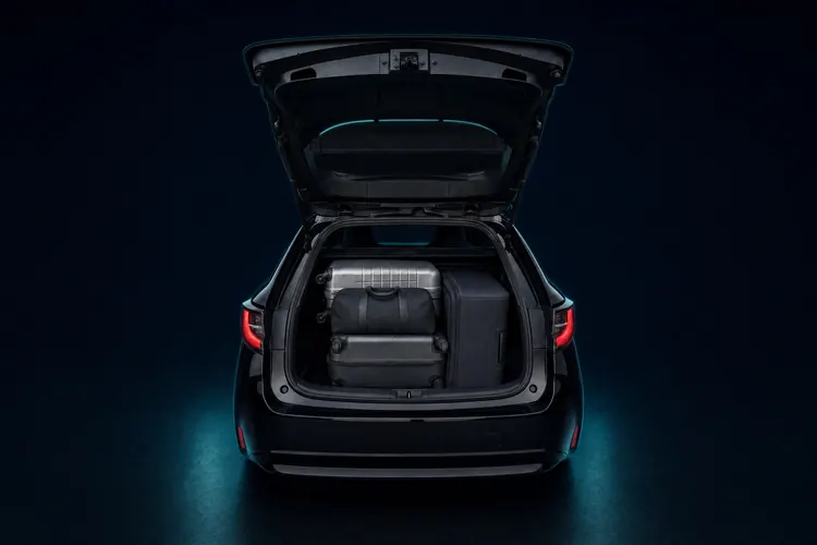 The open boot of the Corolla estate holding three suitcases and a holdall