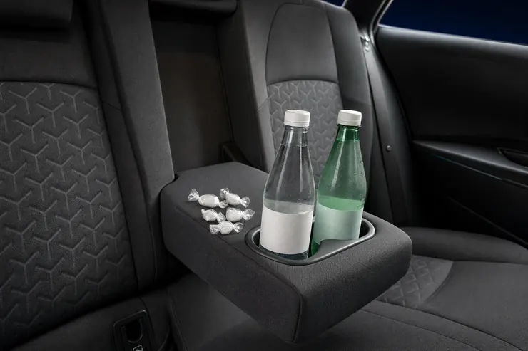 Still and sparkling water and wrapped mints on the rear armrest
